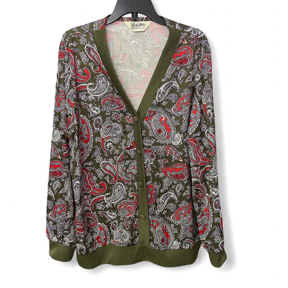 Vintage 70s Lady Blair green and red paisley blouse size size L